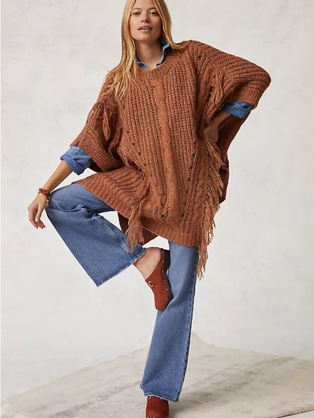 Anthropologie Rust Fringe Knit Poncho